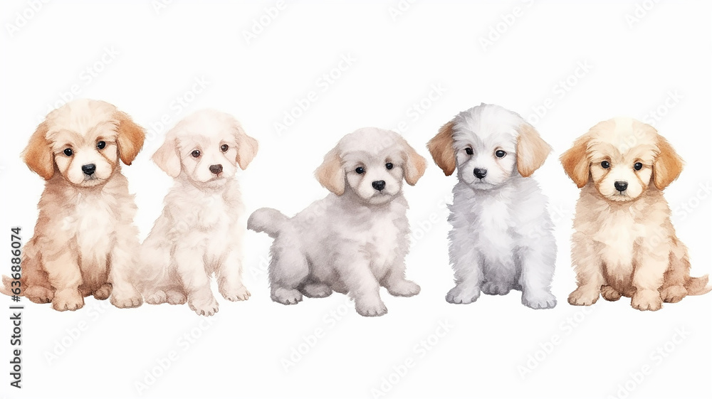 multicolored watercolor puppies on a white background.