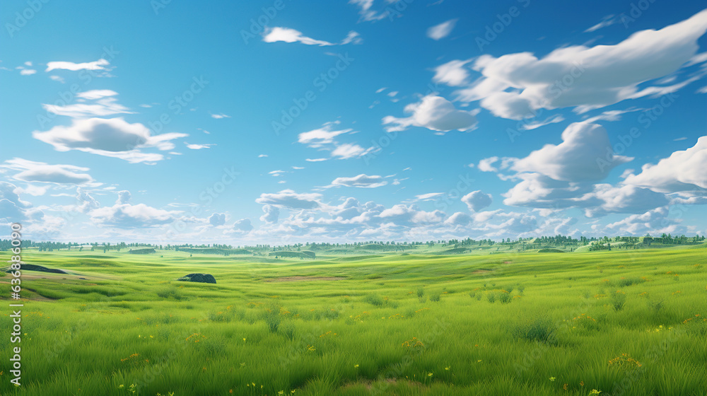 Fototapeta premium Lush Green Field Under a Blue Cloudy Sky. Generative Ai