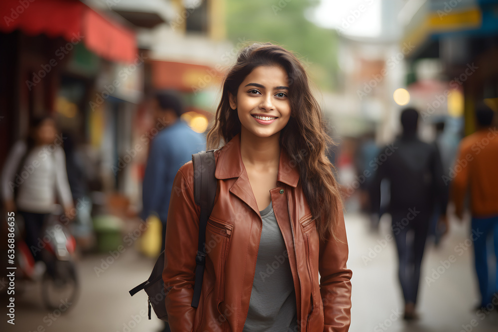Young beautiful woman portrait, indian student girl in a city, Young businesswoman smiling outdoor, People, enjoy life, student lifestyle, city life, business concept