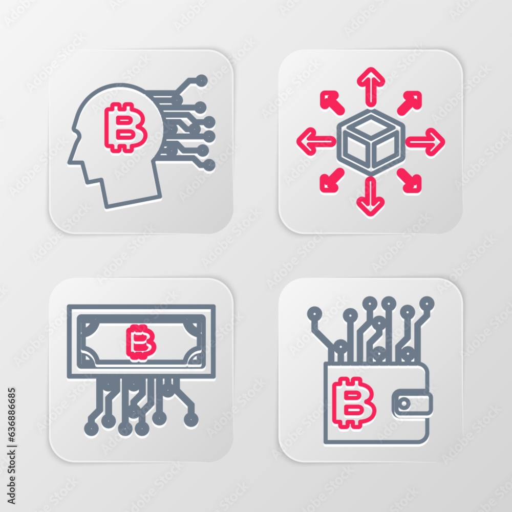 Set line Cryptocurrency wallet, bitcoin with circuit, Distribution and Bitcoin plant the pot icon. Vector Set line Cryptocurrency wallet, bitcoin with circuit, Distribution and Bitcoin plant the pot icon. Vector