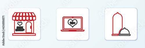 Set line Condoms safe sex, Sex shop building and Laptop with 18 plus content icon. Vector