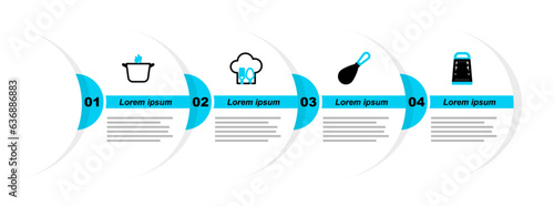 Set line Grater, Kitchen whisk, Chef hat with fork and spoon and Cooking pot icon. Vector