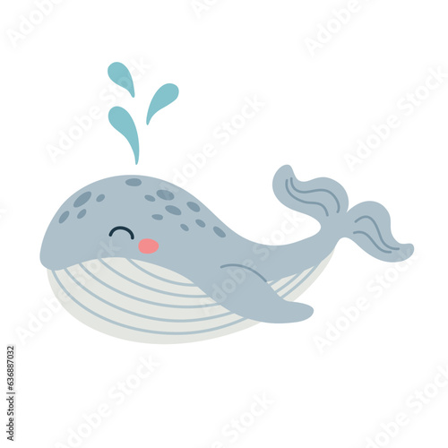 Cartoon hand drawn whale on isolated white background. Character of the sea animals for the logo  mascot  design. Vector illustration