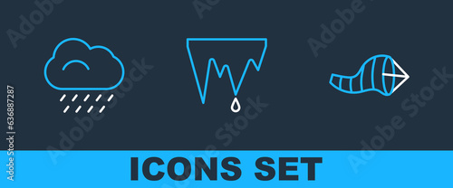 Set line Cone meteorology windsock wind vane, Cloud with rain and Icicle icon. Vector