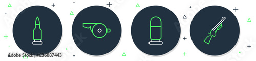 Set line Whistle, Bullet, and Shotgun icon. Vector