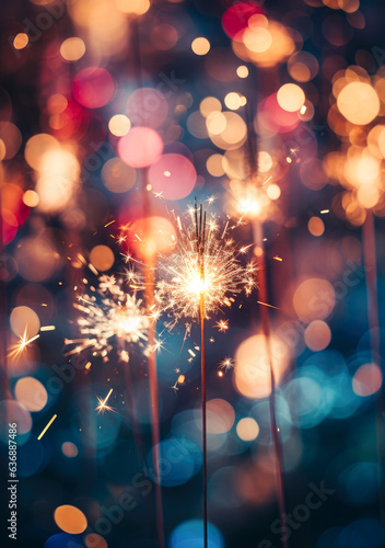 Lighted New Year's sprinklers and fireworks that shine and illuminate the Christmas Eve and crazy party. Glowing explosive background.