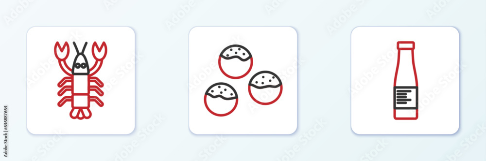 Set line Sauce bottle, Lobster and Takoyaki icon. Vector Set line Sauce bottle, Lobster and Takoyaki icon. Vector
