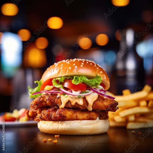a chickenburger blurred restaurant in the background