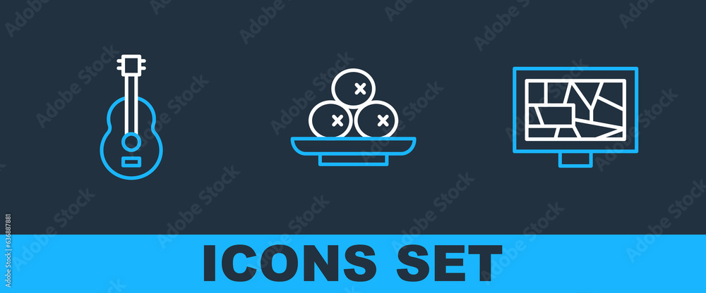 Set line Picture art, Spanish guitar and Olives on plate icon. Vector