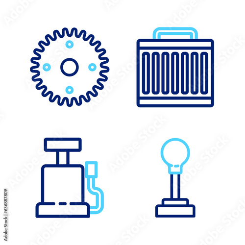 Set line Gear shifter, Car air pump, radiator cooling system and icon. Vector