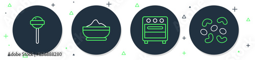 Set line Flour bowl, Oven, Lollipop and Jelly candy icon. Vector