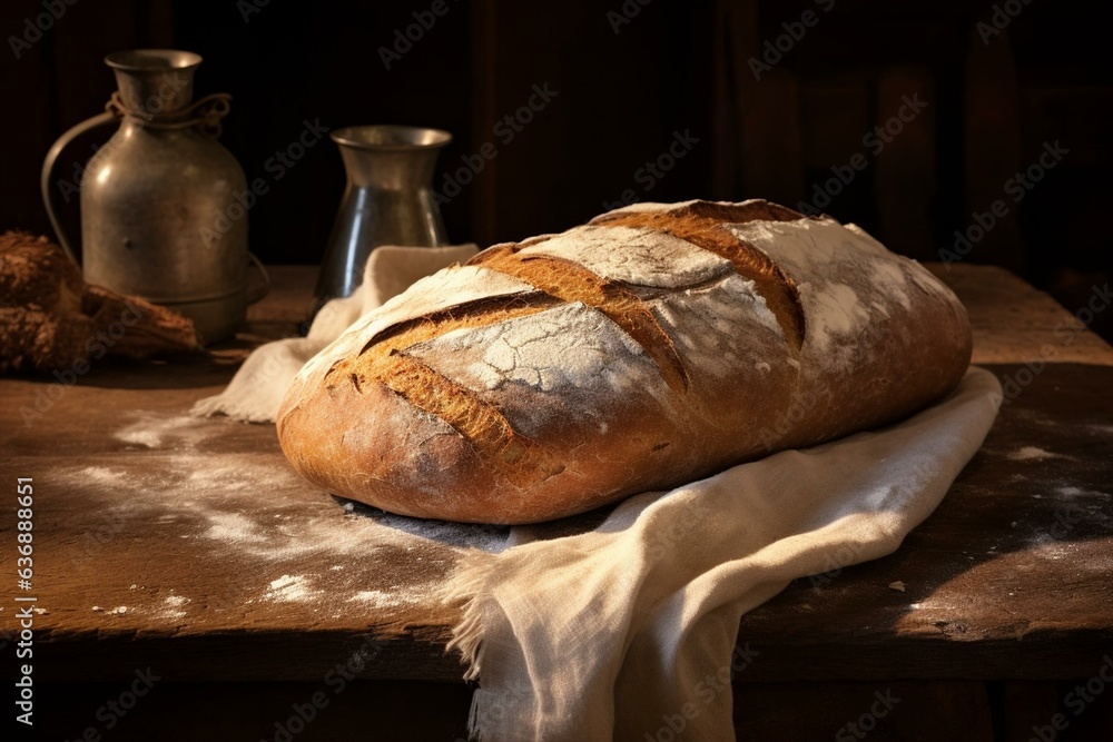 Freshly baked bread on a rustic wooden table. Generative AI