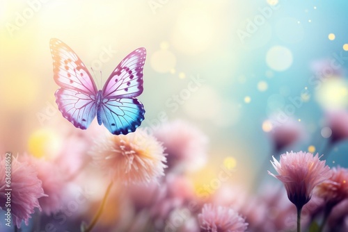 Soft focus pastel background with butterfly, dandelion, dew, and sunrise. Ample copy space. Generative AI © Amaya
