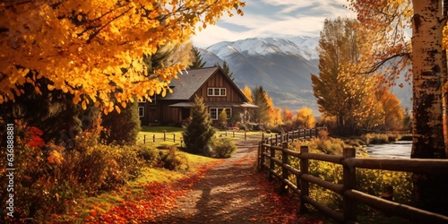 Autumn alpine landscape with colorful forest, lake and wooden house