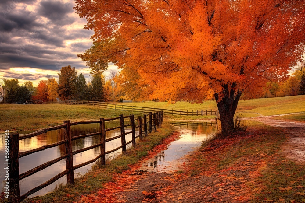 Autumn landscape with a pond and a tree in the foreground.