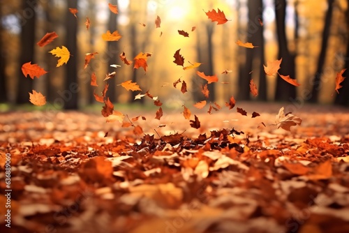 Fallen leaves in autumn forest. Nature background. Fall season concept
