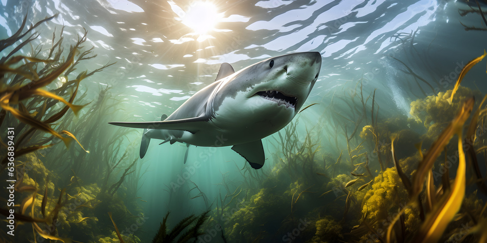 Fototapeta premium underwater panorama of great white shark swimming through kelp forest