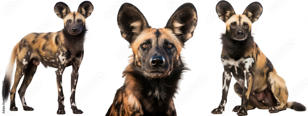 Collection of three african wilddogs (portrait, standing, sitting), animal bundle isolated on a white background as transparent PNG