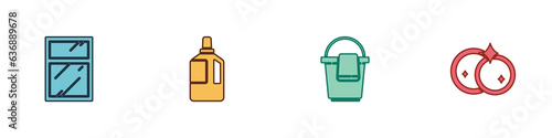 Set Cleaning service for windows, Fabric softener, Bucket with rag and Washing dishes icon. Vector
