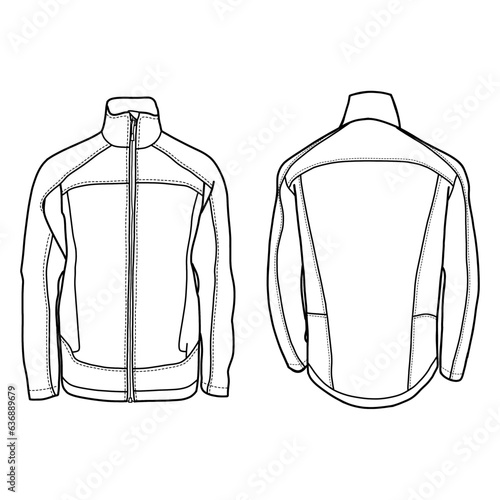 Technical sketch drawing of jacket vector template model in front and back view, isolated on white background, editable color and stroke.