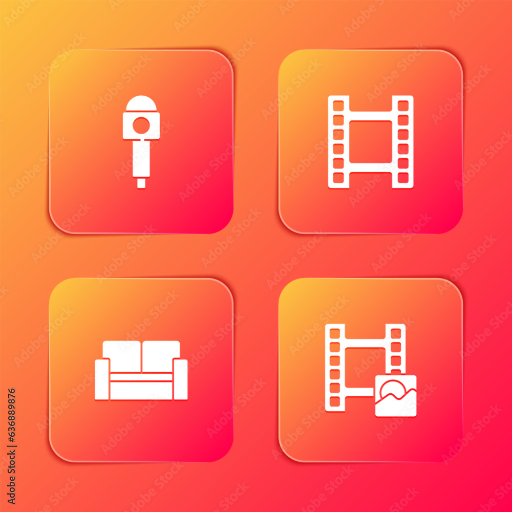 Set Microphone, Play Video, Cinema chair and icon. Vector Set Microphone, Play Video, Cinema chair and icon. Vector