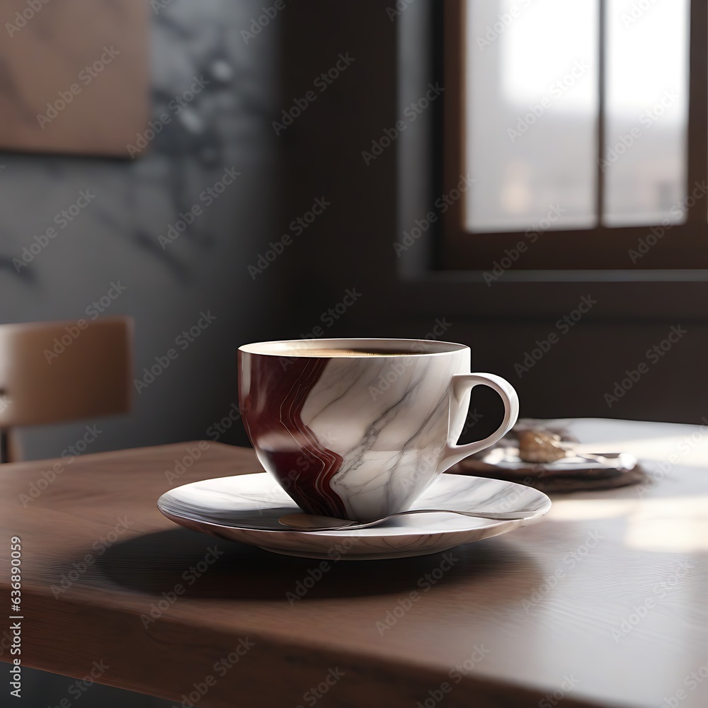 Marble Print Cup of Coffee Sitting on a Wooden Table Marble Print Cup of Coffee Sitting on a Wooden Table
