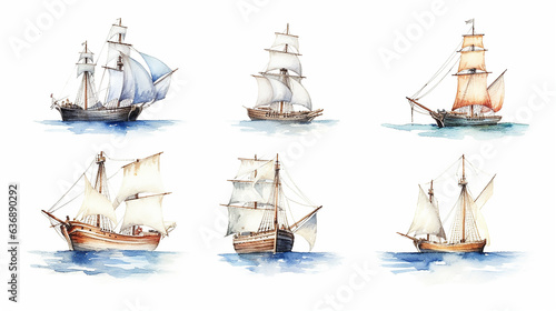 collection sailboat watercolor drawing on a white background isolated, AI