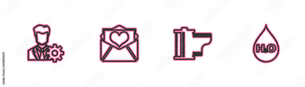 Set line Profile settings, Camera film roll cartridge, Envelope with Valentine heart and Water drop H2O icon. Vector Set line Profile settings, Camera film roll cartridge, Envelope with Valentine heart and Water drop H2O icon. Vector