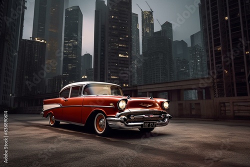 Classic car amidst contemporary urban landscape with towering skyscrapers in the backdrop. Generative AI © Quin