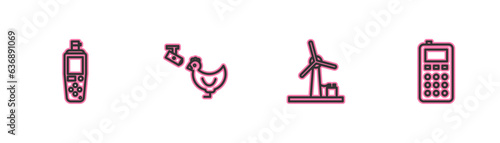 Set line Portable sensor, Wind turbine, Chicken farm and camera and Remote control icon. Vector