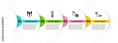 Set line Wheat, Test tube and flask, Orange fruit and Inhaler. Business infographic template. Vector