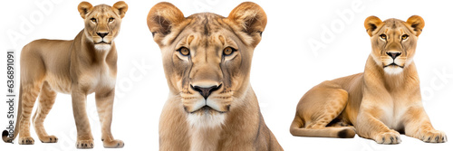Collection of three lioness (portrait, lying, standing), animal bundle isolated on a white background as transparent PNG photo