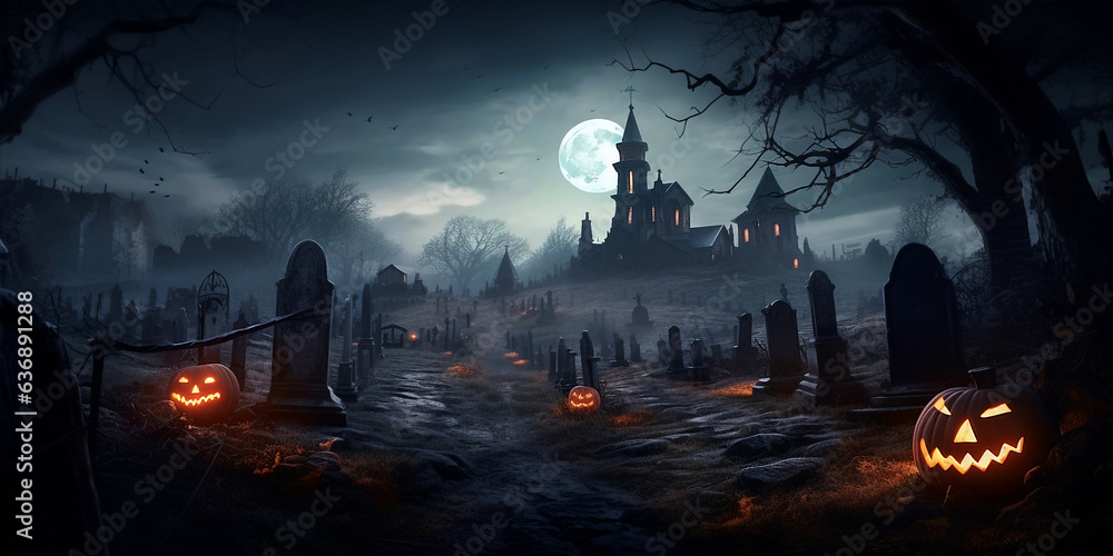 Pumpkin zombie Rising Out Of A Graveyard cemetery and church In Spooky scary dark Night full moon. Holiday event halloween banner background. October 31. Pumpkin zombie Rising Out Of A Graveyard cemetery and church In Spooky scary dark Night full moon. Holiday event halloween banner background. October 31.