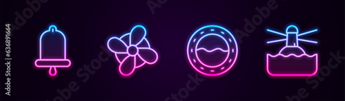 Set line Ship bell, Boat propeller, porthole and Lighthouse. Glowing neon icon. Vector