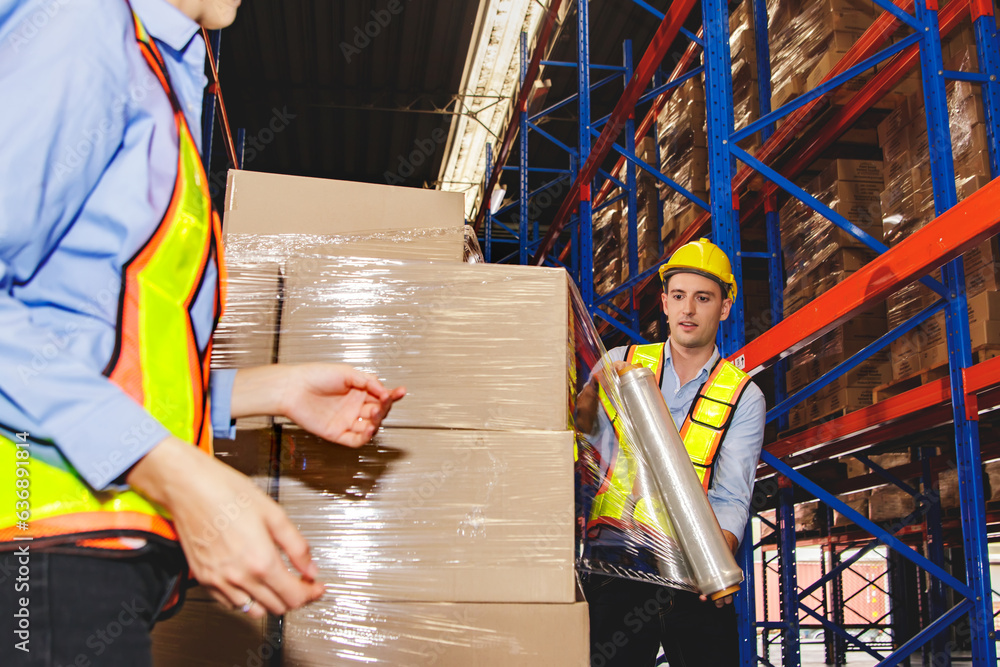 Two male and female employees working in a warehouse use clear plastic rolls to seal cardboard boxes to pack products on pallets to prevent damage during transport by forklift : Teamwork concept. Two male and female employees working in a warehouse use clear plastic rolls to seal cardboard boxes to pack products on pallets to prevent damage during transport by forklift : Teamwork concept.
