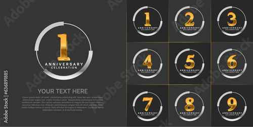 set of anniversary logo with golden number in silver circle can be use for celebration