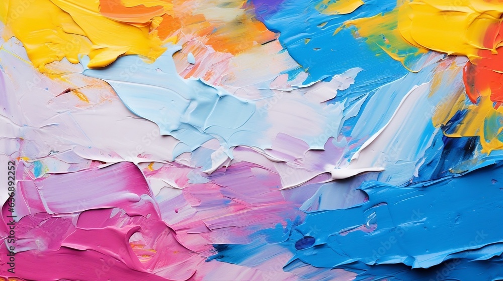 Abstract acrylic paint background in blue, orange, yellow, and pink colors. Closeup of abstract rough colorful