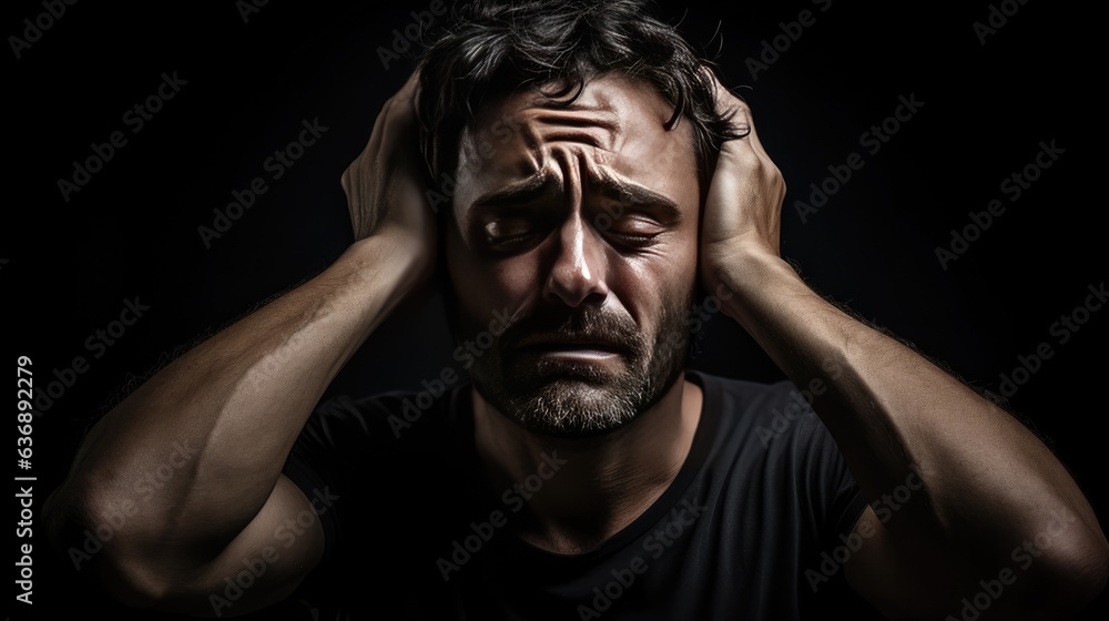 Fototapeta premium Concept of Physical and Psychological Exhaustion. The man's hands hold his head, shoulders slumped, and his facial expression shows tiredness and helplessness.