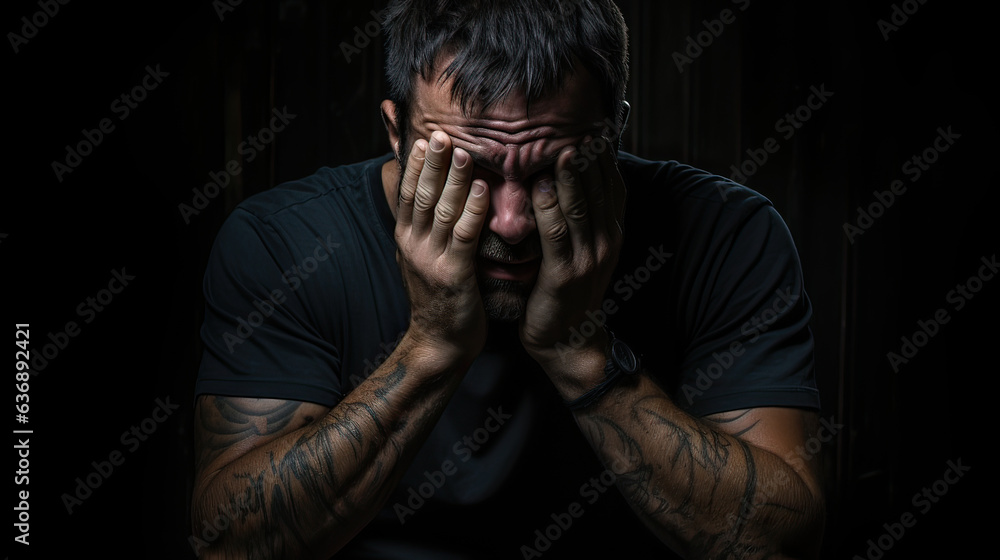 Concept of Physical and Psychological Exhaustion. The man's hands hold his head, shoulders slumped, and his facial expression shows tiredness and helplessness. Concept of Physical and Psychological Exhaustion. The man's hands hold his head, shoulders slumped, and his facial expression shows tiredness and helplessness.