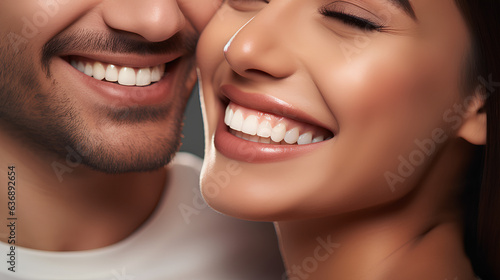The couple smiles. The concept of treatment and teeth whitening.