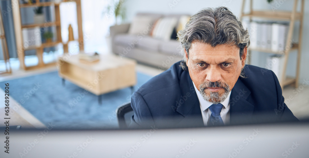 Mature businessman, reading and computer in home, apartment or corporate employee with remote work in lounge. Distance, working and manager with project, report or review on pc in house office Mature businessman, reading and computer in home, apartment or corporate employee with remote work in lounge. Distance, working and manager with project, report or review on pc in house office
