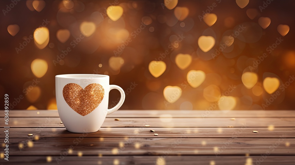 Obraz premium cute lovely a cup or mug of coffee on wooden floor with glitter glow bokeh light, happy dreamy magical atmosphere, Generative Ai