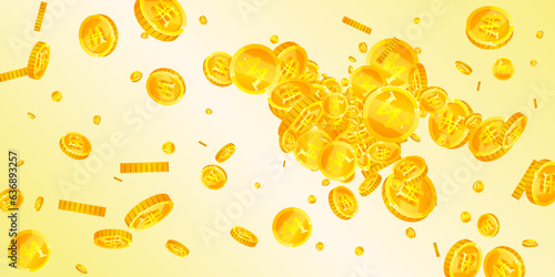 Korean won coins falling. Scattered gold WON coins. Korea money. Great business success concept. Wide vector illustration.