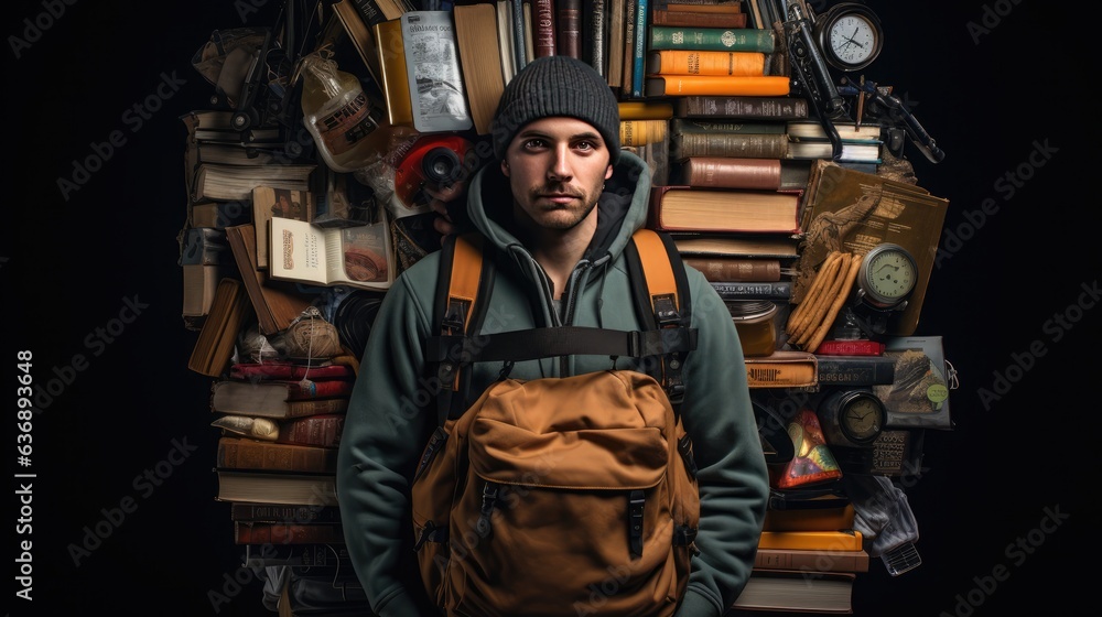 Concept of Unspoken Pressure. A person wears a heavy backpack, laden with books and responsibilities, symbolizing the weight of expectations. Concept of Unspoken Pressure. A person wears a heavy backpack, laden with books and responsibilities, symbolizing the weight of expectations.