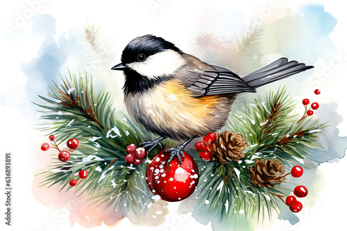 Christmas Poster. illustration of Christmas Background with branches of christmas tree and Chickadees. Post processed AI generated image