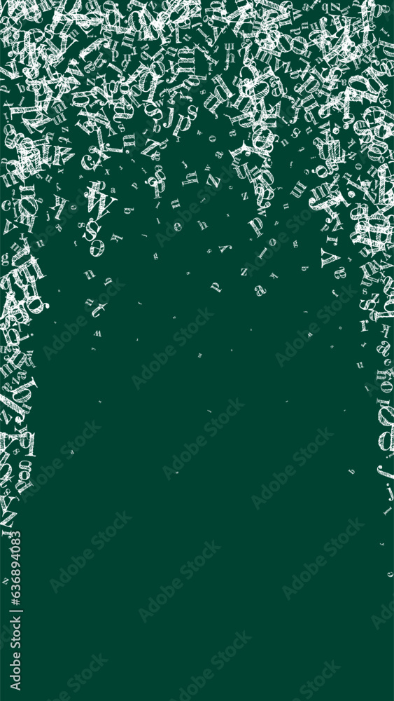 Falling letters of English language. White chalk characters of Latin alphabet. Foreign languages study concept. Back to school banner on blackboard background. Falling letters of English language. White chalk characters of Latin alphabet. Foreign languages study concept. Back to school banner on blackboard background.