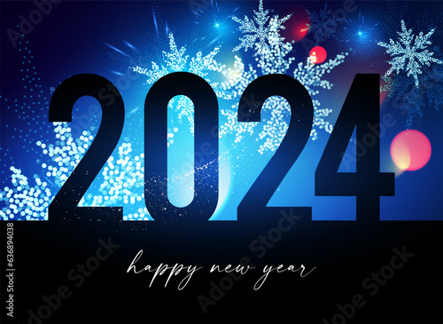 Happy new 2024 year Elegant gold text with fireworks and light effects.