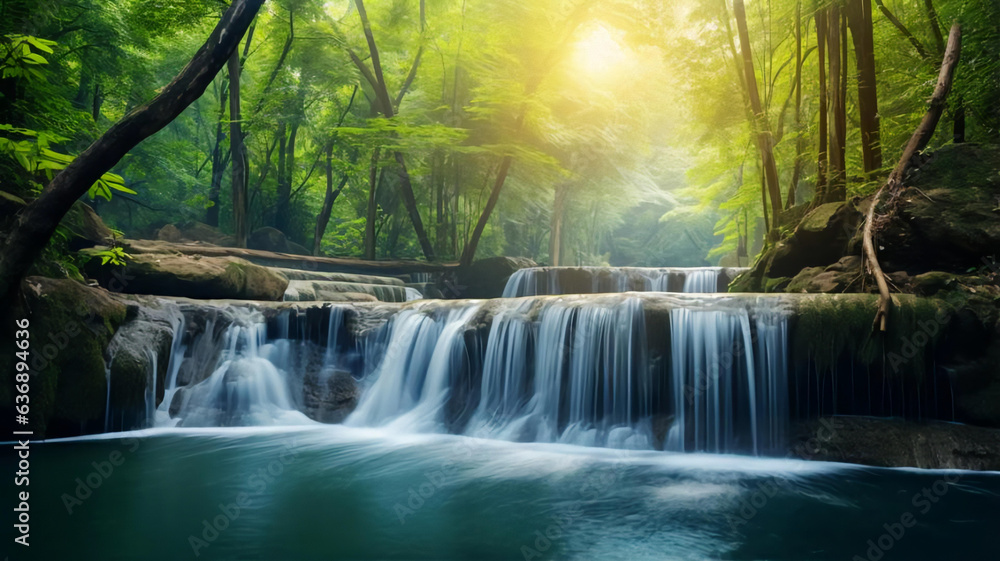 Fototapeta premium Panoramic beautiful deep forest waterfall. AI Generative.