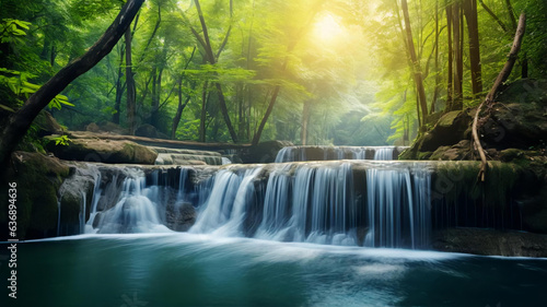 Panoramic beautiful deep forest waterfall. AI Generative.