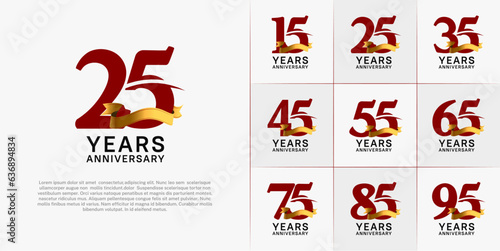set of anniversary logo with red number and golden ribbon can be use for celebration
